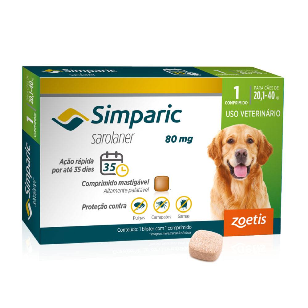 Simparic Antipulgas e Carrapatos Para Cães 20,1 a 40kg - 1 Comprimido