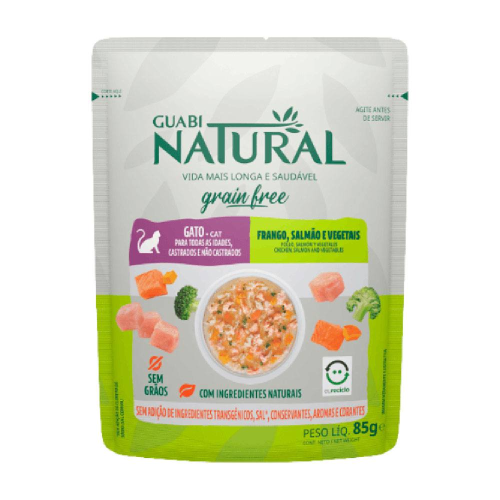 Ração Úmida Guabi Natural Grain Free Sachê Gatos Castrados Salmão, Frango e Vegetais 85g
