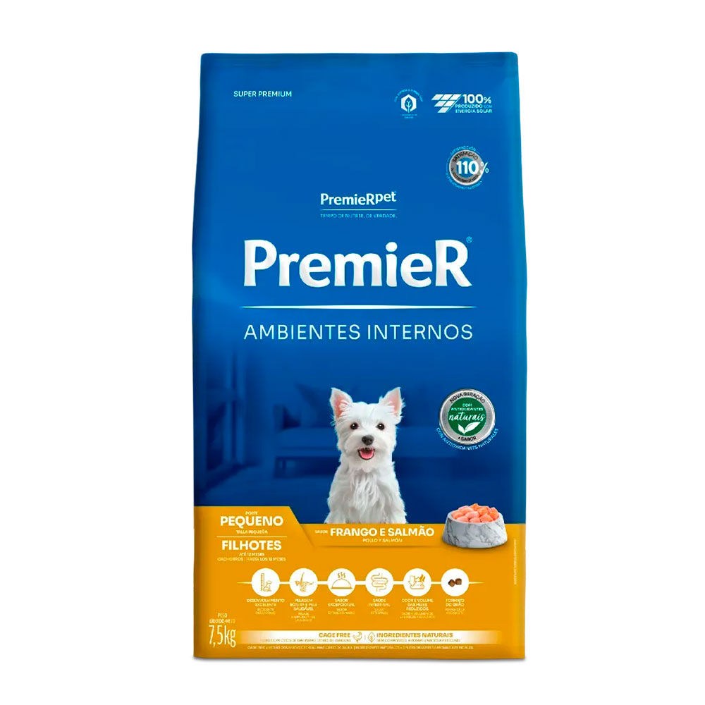 Ração Premier Ambientes Internos Cães Filhotes Porte Pequeno Frango e Salmão 7,5kg
