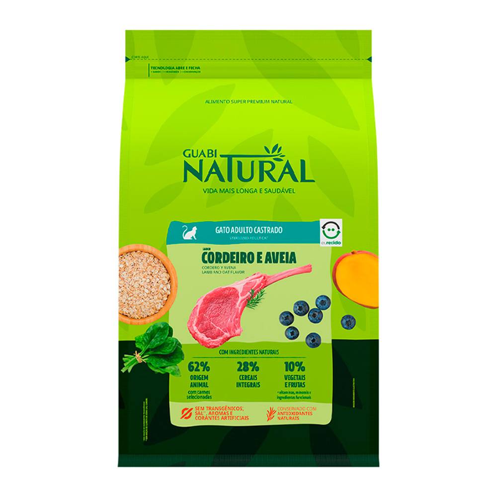 Ração Guabi Natural Para Gatos Adultos Castrados Sabor Cordeiro e Aveia - 7,5kg