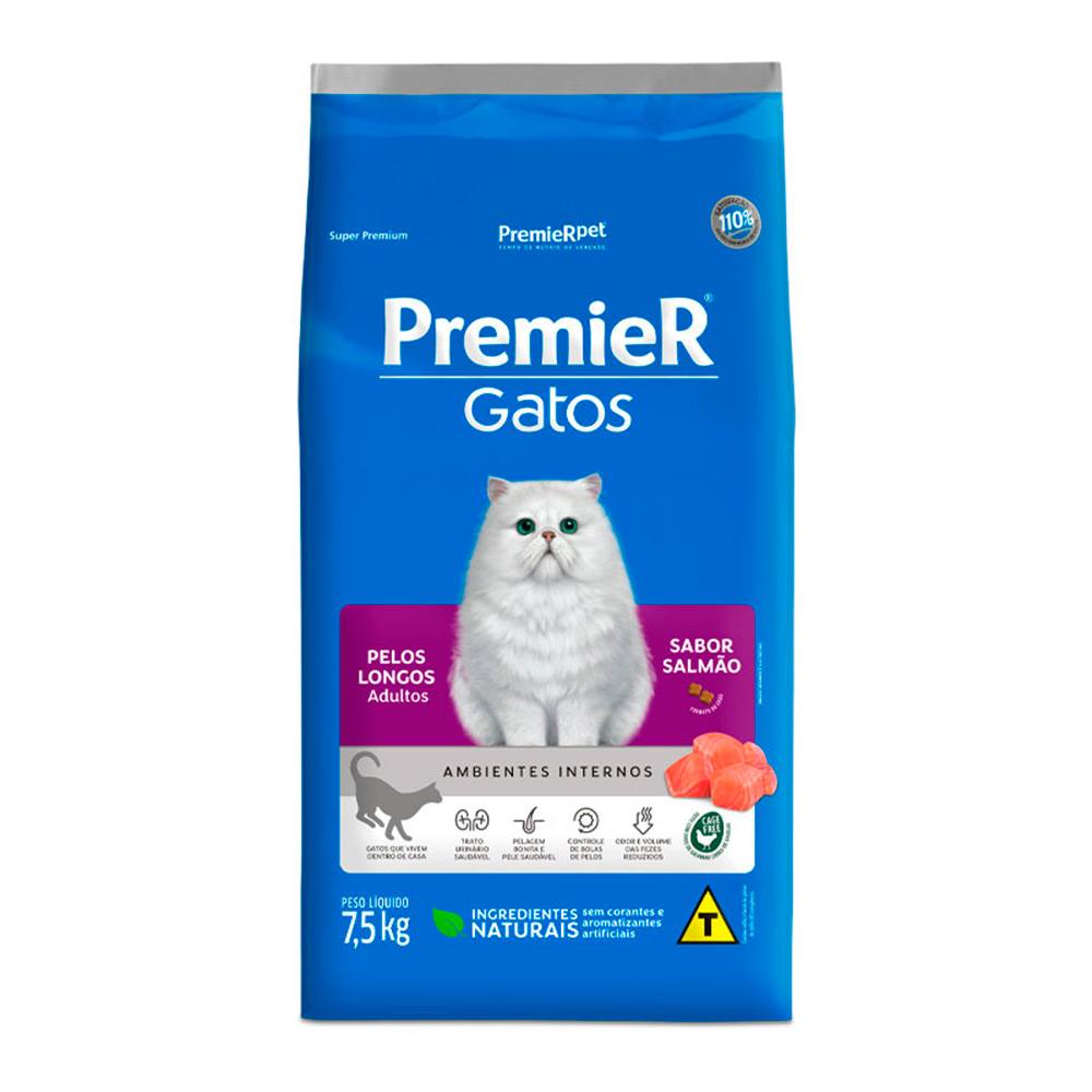 Ração Premier Ambientes Internos Gatos Adultos Pelos Longos Salmão 7,5kg
