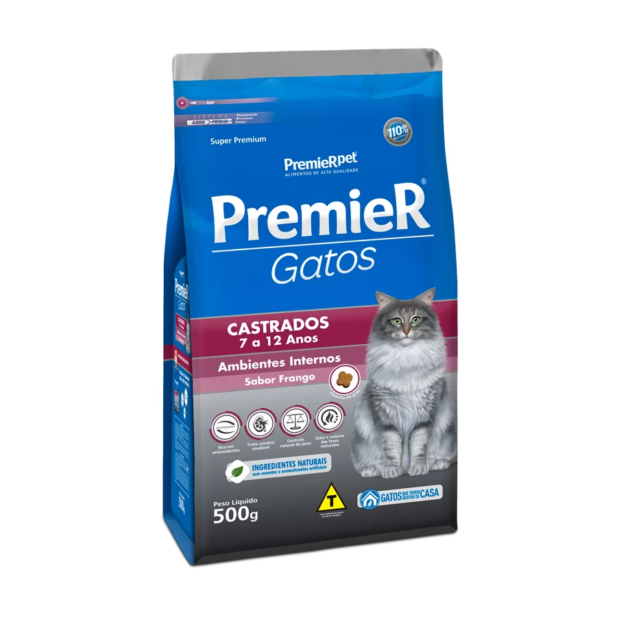 Ração Premier Ambientes Internos Para Gatos Adultos Castrados De 7 A 12 Anos Sabor Frango 500g
