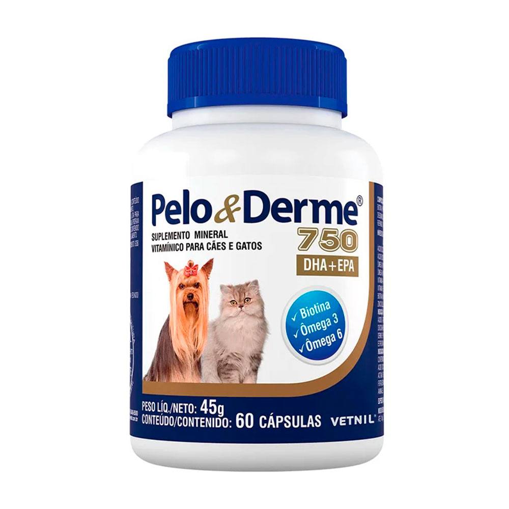 Suplemento Pelo & Derme 750mg DHA+EPA Para Cães e Gatos Vetnil 60 Cápsulas