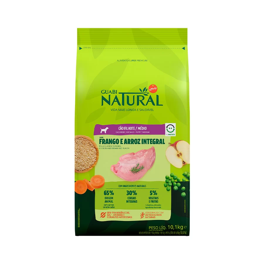 Ração Guabi Natural Cães Filhotes Porte Médio Sabor Frango e Arroz Integral - 10,1kg