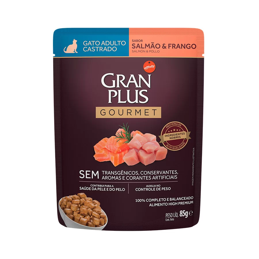 Ração Úmida Sachê GranPlus Gourmet Gatos Adultos Castrados Salmão e Frango 85g