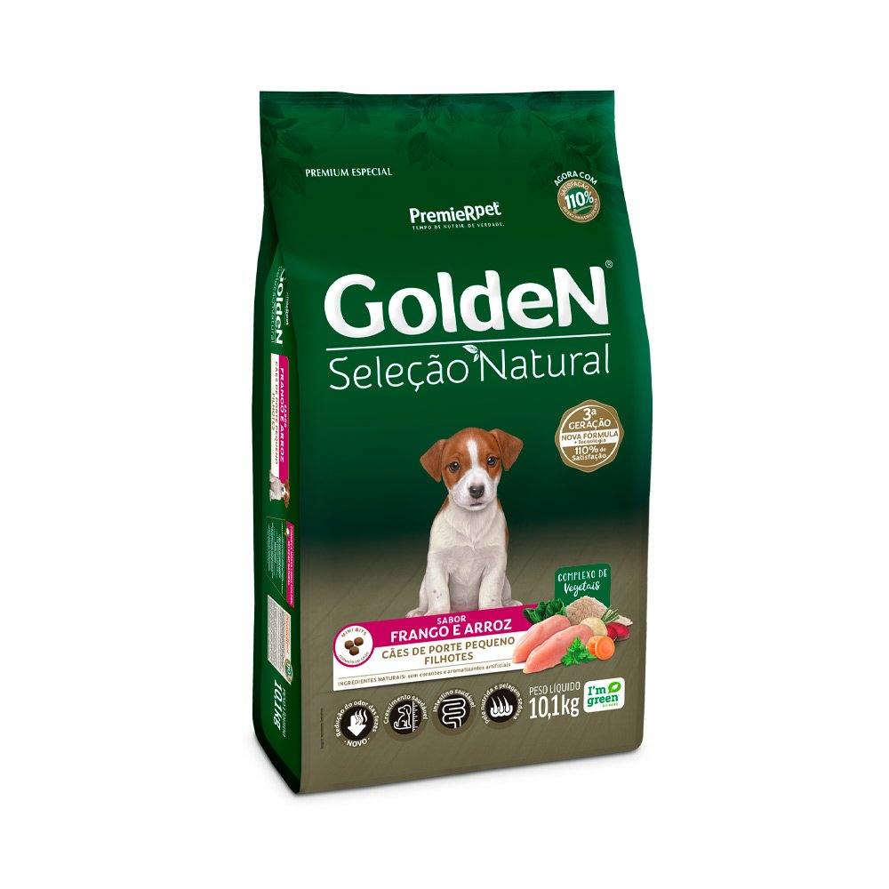 Ração Golden Seleção Natural Mini Bits Cães Filhotes Porte Pequeno Frango e Arroz - 10,1kg
