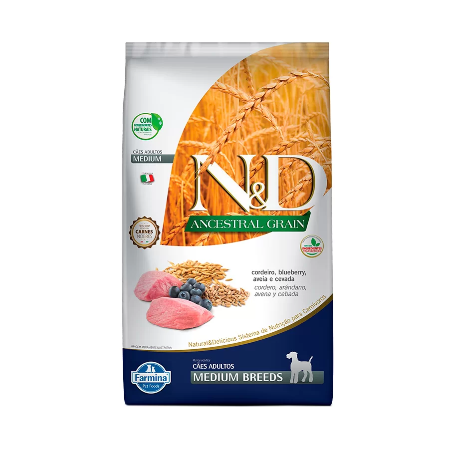 Ração N&D Ancestral Grain Para Cães Adultos de Raças Médias Sabor Cordeiro, Blueberry, Aveia e Cevada - 10,1kg