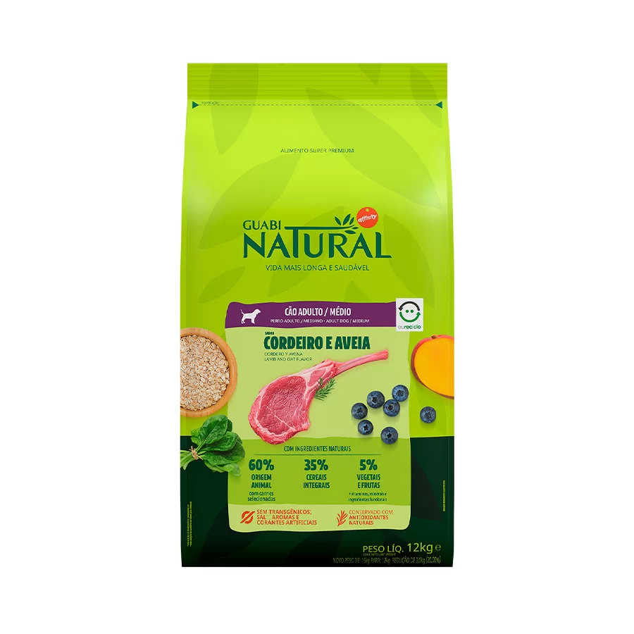 Guabi Natural Cães Adulto Raças Médias Cordeiro e Aveia - 12kg