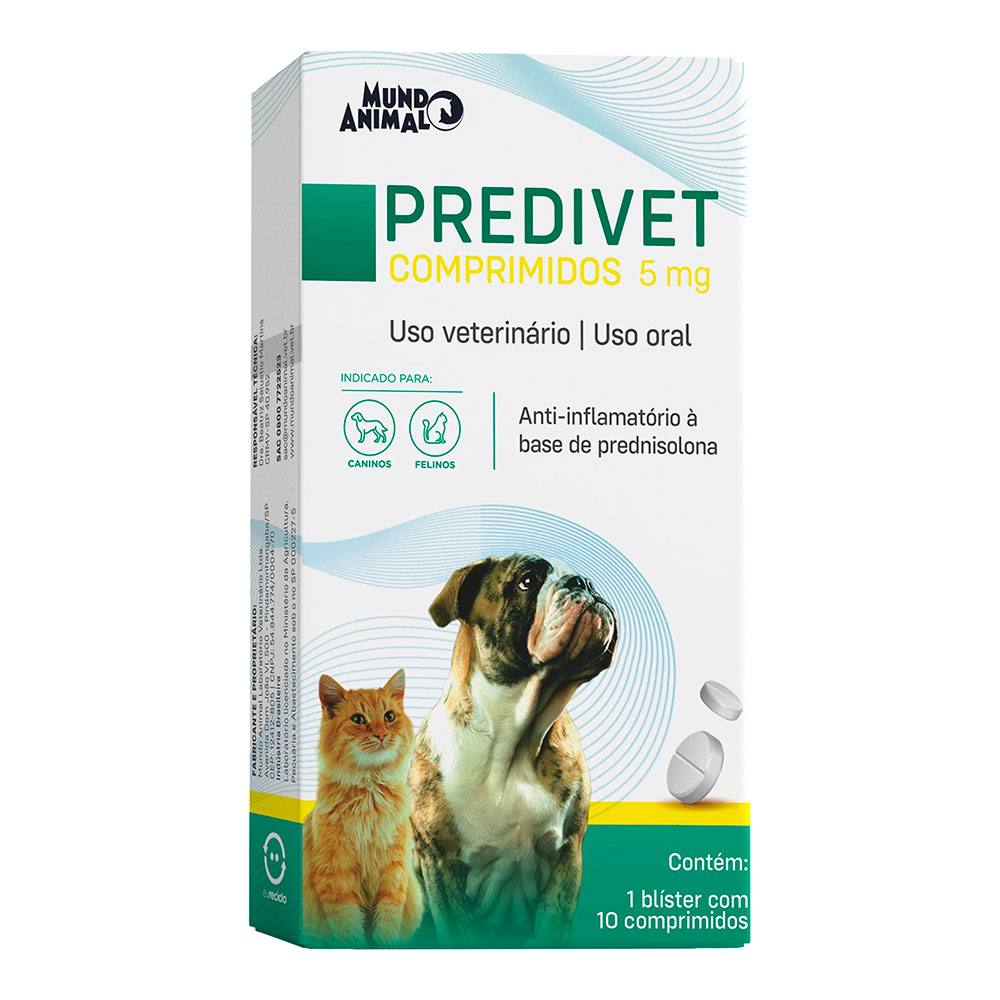 Predivet 5mg Anti-inflamatório Para Cães e Gatos Mundo Animal 10 Comprimidos