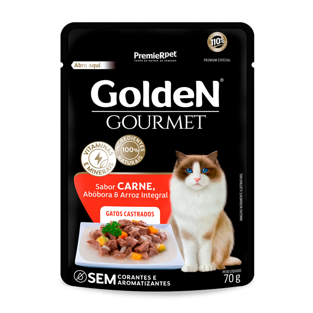 Ração Úmida Golden Gourmet Gatos Adultos Castrados Carne 70g