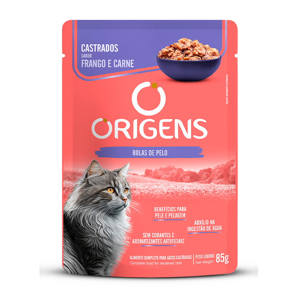 Ração Úmida Origens Sachê Gatos Castrados Sabor Frango e Carne 85g