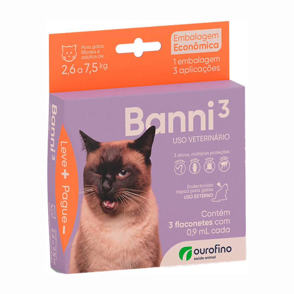 Combo Antipulgas Banni 3 para Gatos 2,6kg a 7,5kg Ourofino 3 Pipetas