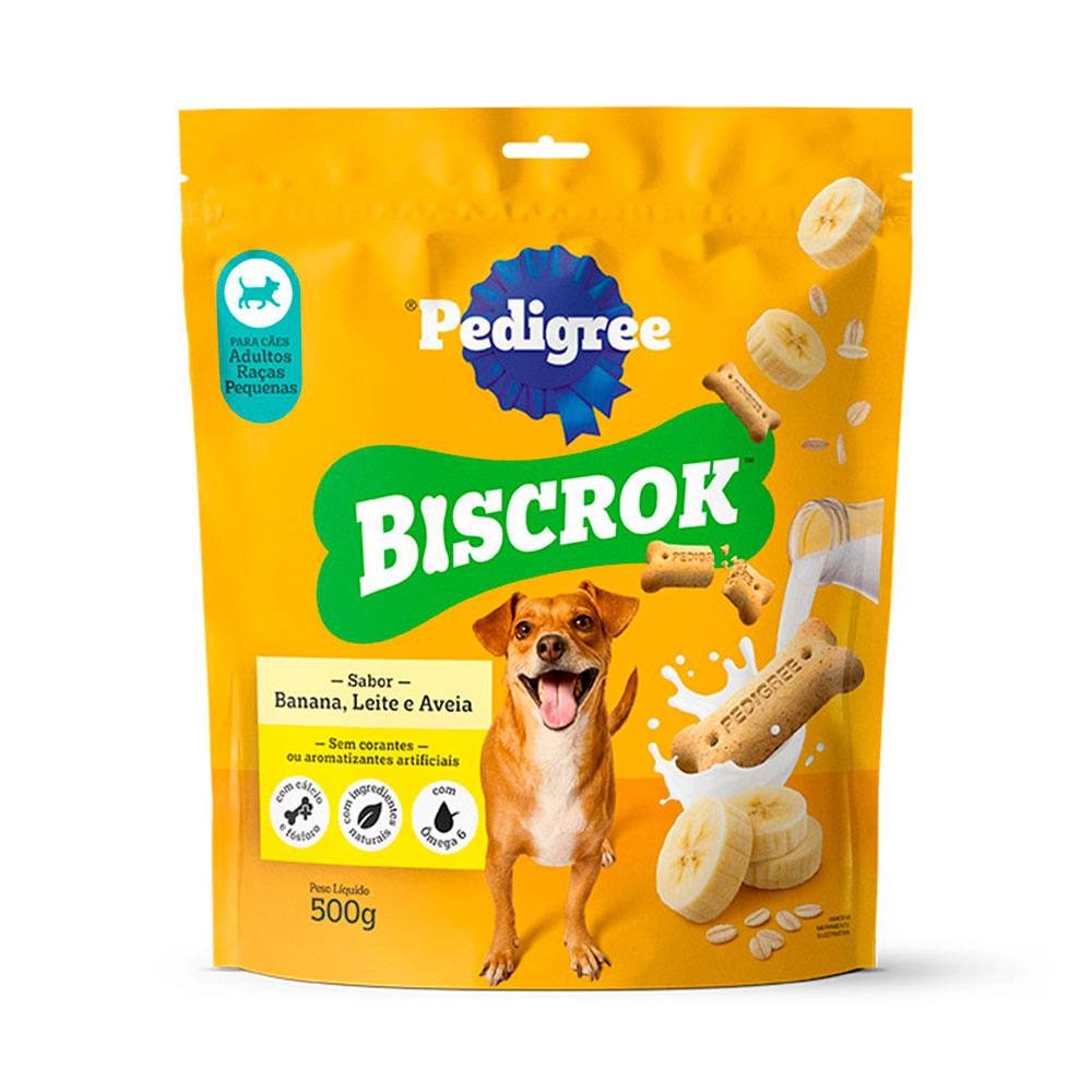 Biscoito Pedigree Biscrok Para Cães Adultos Raças Pequenas Sabor Banana, Leite e Aveia 500g